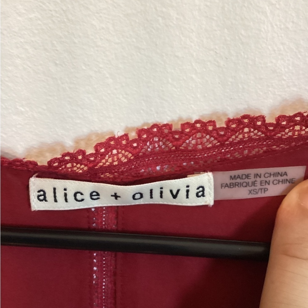 Alice+Olivia Farah Lace Inset Silk Cold Shoulder Top, size XS - Picture 5 of 7